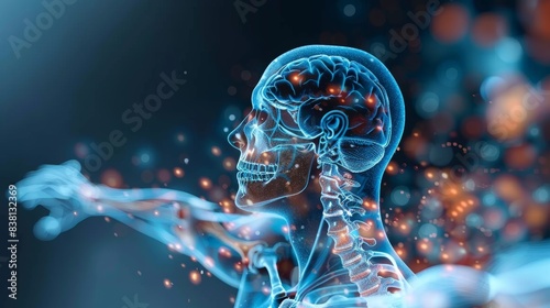 Abstract Digital Human Skeleton with Glowing Brain and Spine  Rendered in Blue and Orange Hues