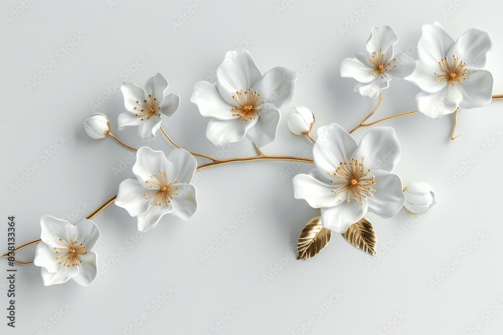3d wallpaper white background with golden flowers and leaves on branch