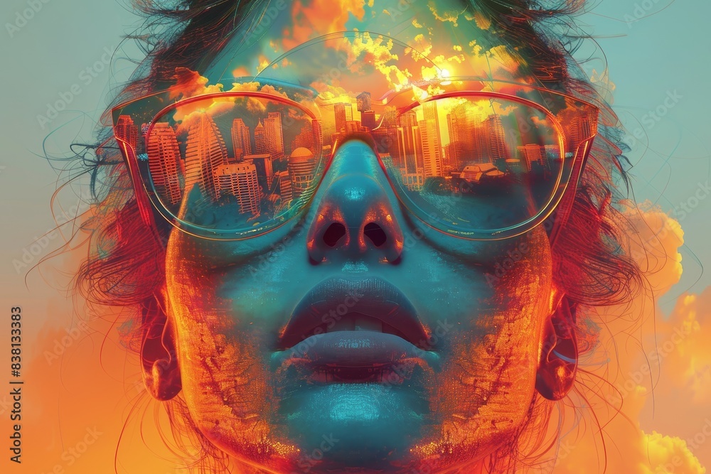 Image captures a woman with flowing hair and headphones set against an intense orange and red sky backdrop Image captures a woman with flowing hair and headphones set against an intense orange and red sky backdrop