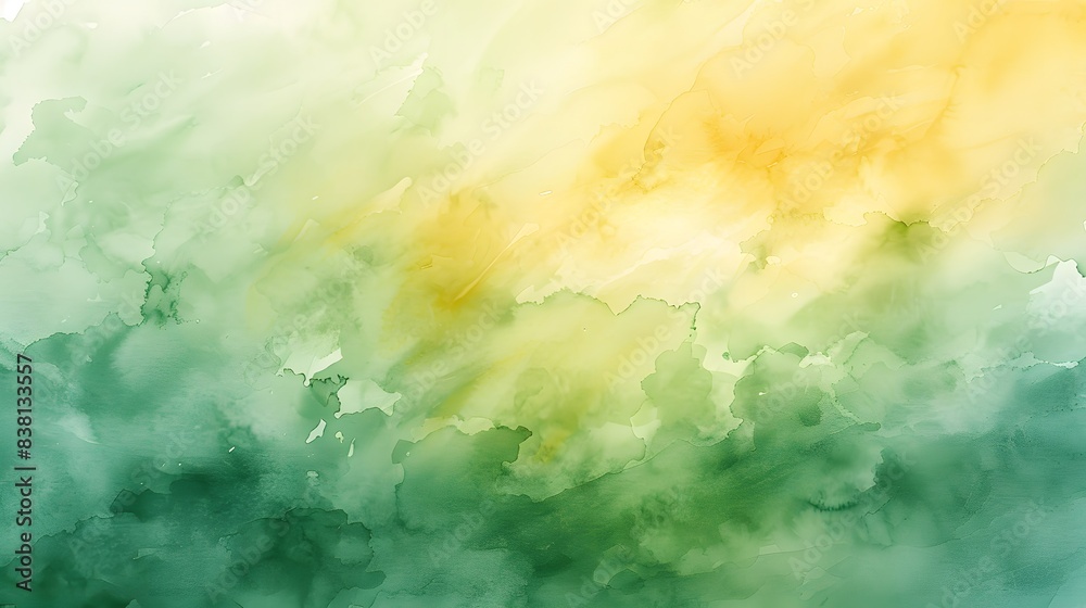 Fototapeta premium Watercolor background with soft pastel green and yellow tones, creating an elegant atmosphere for design projects. watercolour gradient adds depth to the canvas.