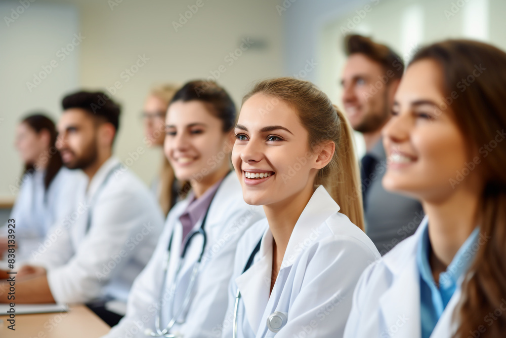 Smiling Medical Students Are In A Classroom, Wearing Medical Uniform, Generative AI. Smiling Medical Students Are In A Classroom, Wearing Medical Uniform, Generative AI.