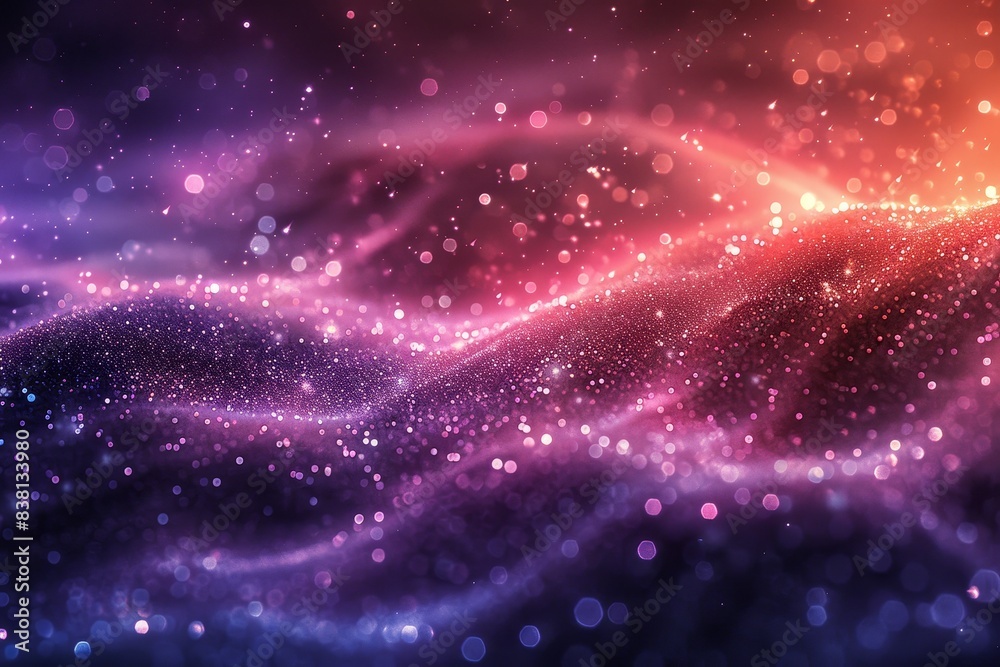 This image depicts a dynamic, abstract background of glowing particles that create a wavelike pattern with a gradient of purple and pink colors This image depicts a dynamic, abstract background of glowing particles that create a wavelike pattern with a gradient of purple and pink colors