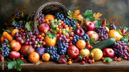 Basket of pumpkins  apples and grapes harvest on wooden table at Thanksgiving Day