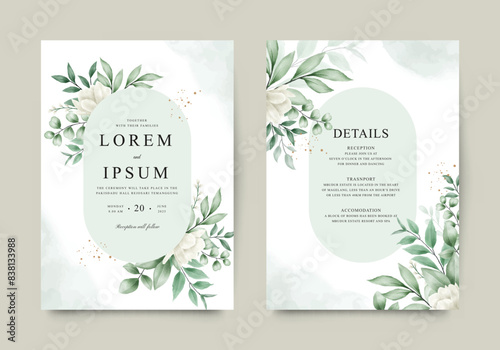 Elegant wedding invitation template with flowers and leaves © siti