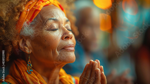 An elderly black woman expresses gratitude during Thanksgiving by folding her hands in prayer