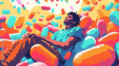 Colorful Artwork Depicting a Young Man Surrounded by an Overload of Pills, Symbolizing the Overwhelming Influence of Pharmaceuticals