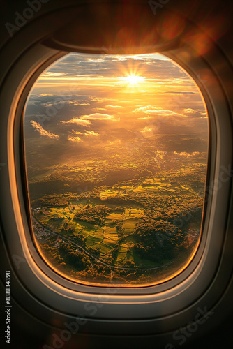 Looking down at from an airplane window, sunny, National Geographic style, magazine cover, award-winning photograph