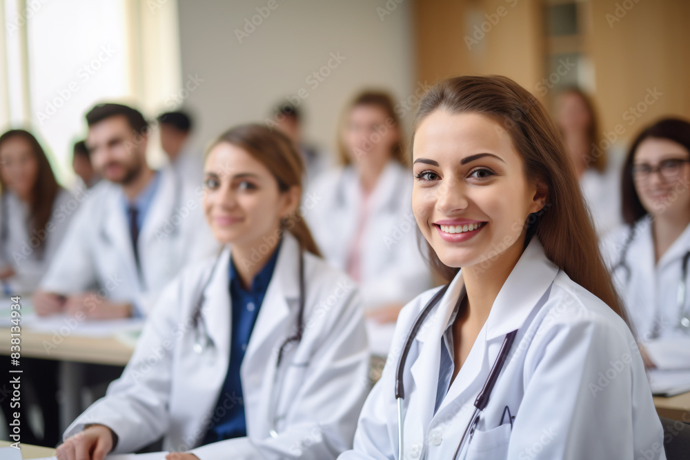 Fototapeta premium Smiling Medical Students Are In A Classroom, Wearing Medical Uniform, Generative AI. 