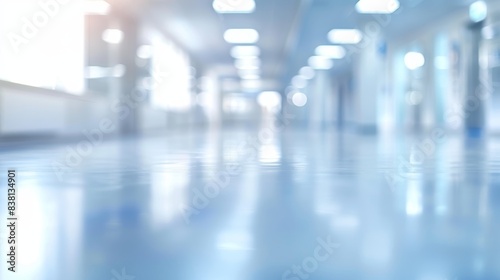 Abstract Blurred Background of a Clean and Modern Office or Hospital Hallway with Bright Lights and Shiny Floors