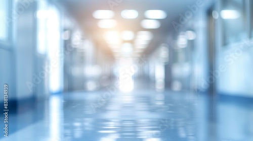 Blurred Abstract Background of a Modern, Brightly Lit Office Hallway with Smooth, Reflective Flooring