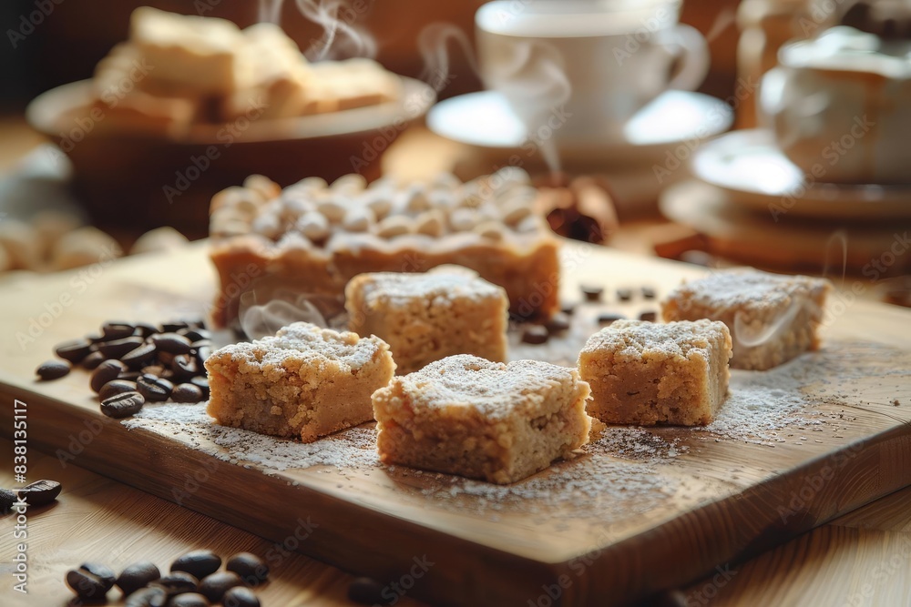 Close-up of delicious pastries dusted with powdered sugar on a wooden board, surrounded by coffee beans and cups in a cozy setting. Close-up of delicious pastries dusted with powdered sugar on a wooden board, surrounded by coffee beans and cups in a cozy setting.