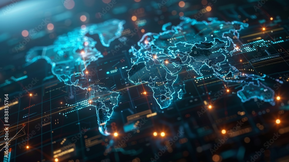 Obraz premium Tech world map, computing global network, artificial intelligence connectivity