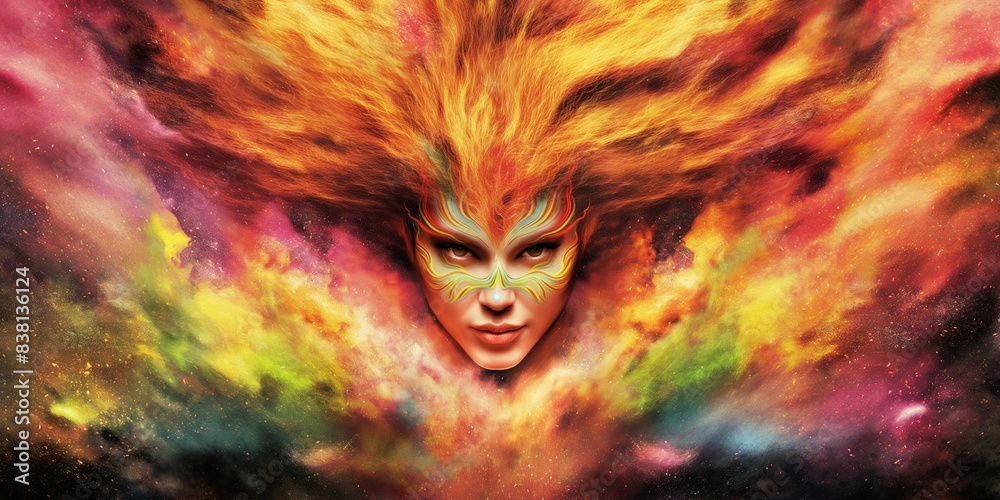 Gesicht einer Frau mit Bodypainting bemalung in Neon gelb und orange als Nahaufnahme Gesicht einer Frau mit Bodypainting bemalung in Neon gelb und orange als Nahaufnahme