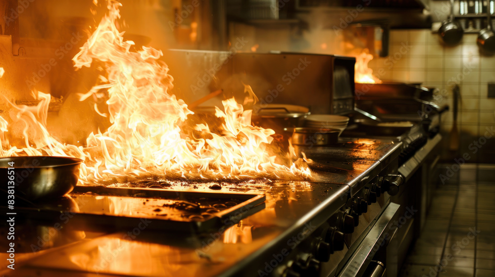 Working accident, fire in professional restaurant kitchen