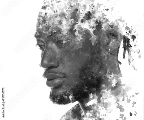 A black and white paint stains paintography portrait of a thoughtful man