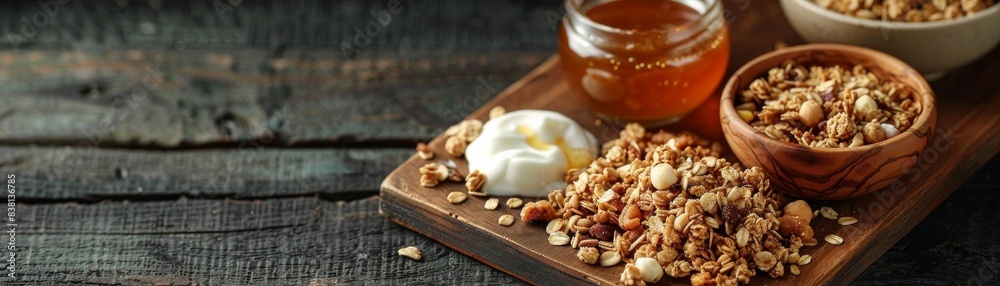 Fototapeta premium Wooden board with an assortment of granola clusters, Greek yogurt, and honey, rustic and natural, vibrant colors, overhead shot, healthy snacking concept, detailed and realistic