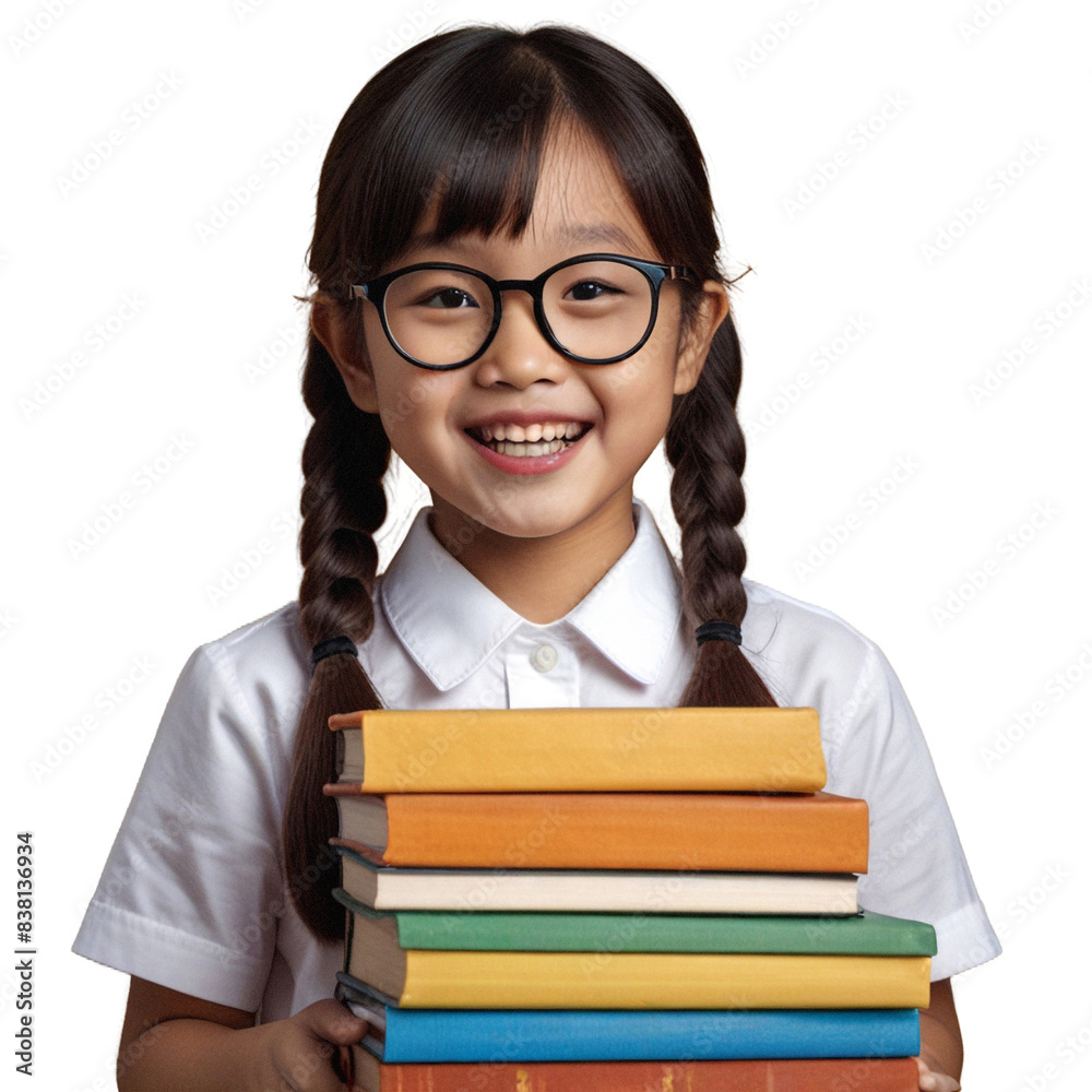 Asian children with glasses student with books png