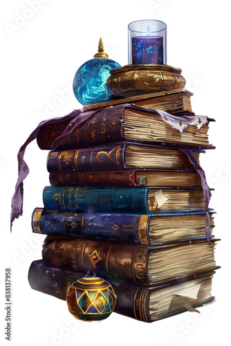 A stack of books, candle and magic ball. Vintage chronicles and spells, multi-colored spines and bookmarks. Сlipart illustration on a transparent background