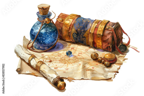 Star map and attributes of the astrologer wizard, planets, potion, manuscripts. Сlipart illustration on a transparent background