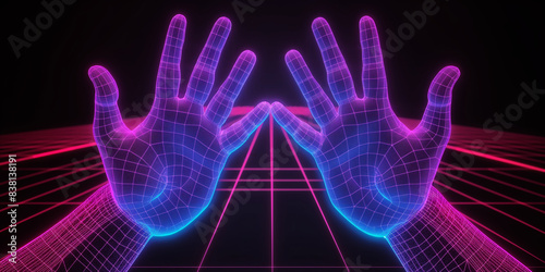 Leuchtende Hände im Neon Licht mit Raster Laser im Hintergrund photo