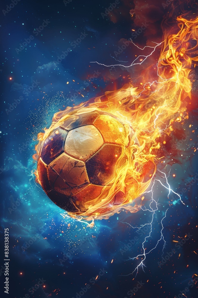 Fototapeta premium Soccer ball with flames and lightning flying