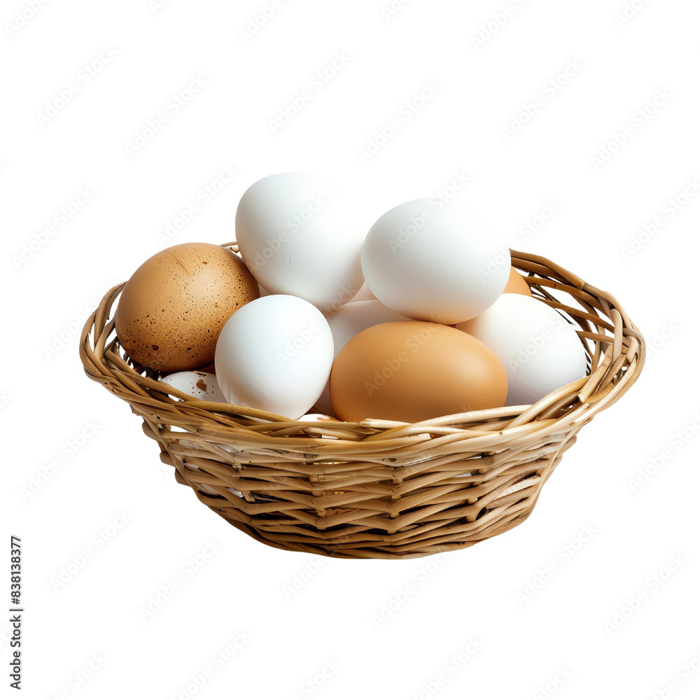 A woven basket filled with white and brown eggs. Fresh eggs symbolize nature's bounty, ready for cooking or baking in the kitchen.PNG, transparent background A woven basket filled with white and brown eggs. Fresh eggs symbolize nature's bounty, ready for cooking or baking in the kitchen.PNG, transparent background