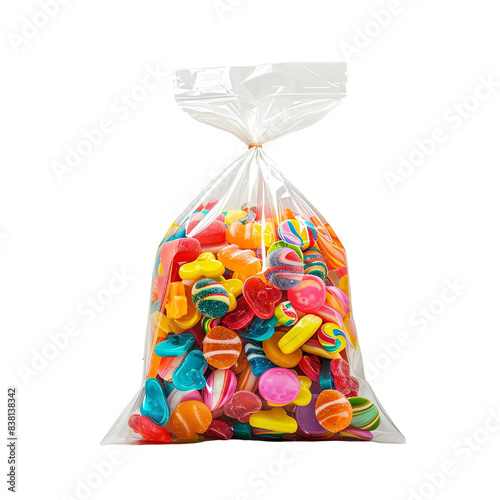 A clear bag filled with colorful assorted candies, offering a delightful variety of sweet treats perfect for any occasion or celebration, transparent background, PNG