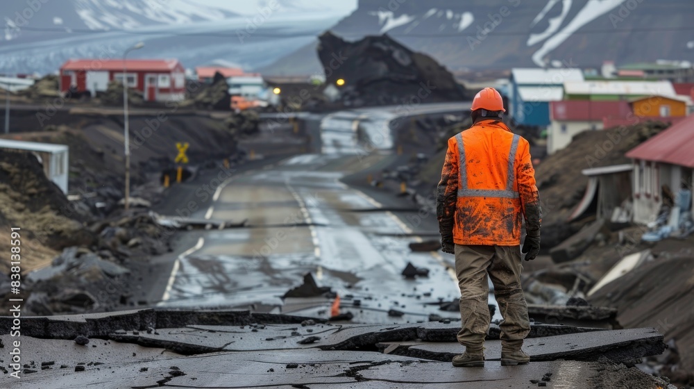 A photo of a geologist looking at the damage to a road damaged by an earthquake and volcanic eruption in a town in Iceland. A photo of a geologist looking at the damage to a road damaged by an earthquake and volcanic eruption in a town in Iceland.