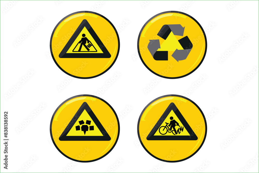 Set of Warning Hazard Signs circle yellow sign, vector icon isolated on white background. Danger warning set circle and triangle yellow sign. Danger warning signs, threat icons. Set of Warning Hazard Signs circle yellow sign, vector icon isolated on white background. Danger warning set circle and triangle yellow sign. Danger warning signs, threat icons.