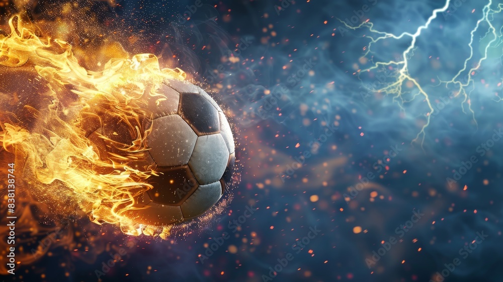 Fototapeta premium Soccer ball with flames and lightning flying