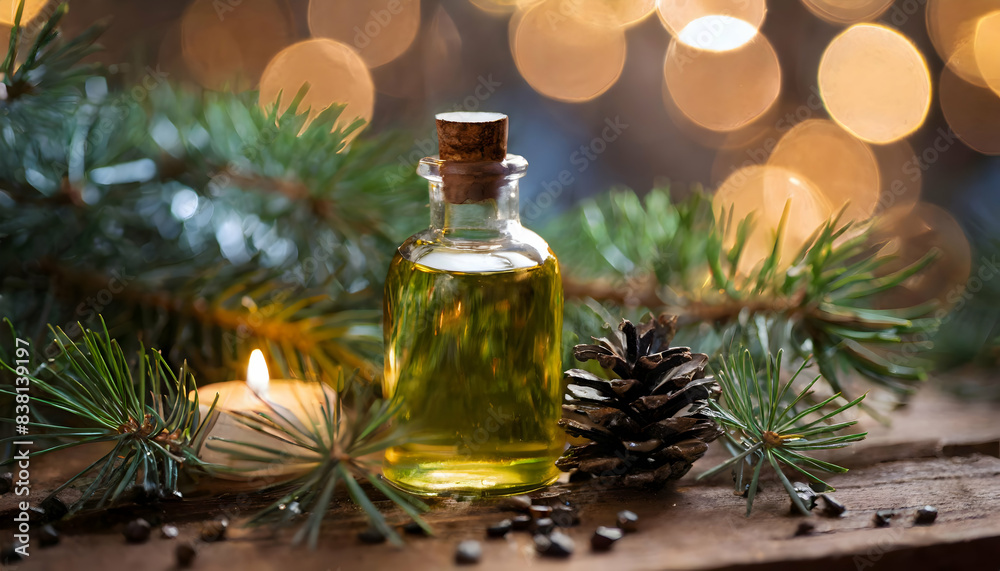 christmas still life with candle.Spa still life featuring oils, with a bottle placed on a wooden surface surrounded by pine needles and illuminated by soft bokeh lights. christmas still life with candle.Spa still life featuring oils, with a bottle placed on a wooden surface surrounded by pine needles and illuminated by soft bokeh lights.