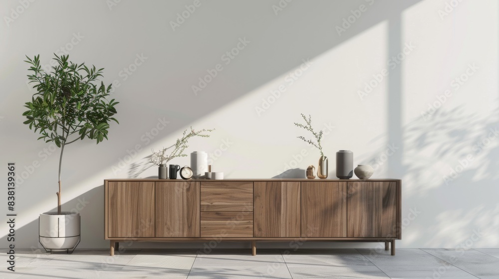 Obraz premium Decorative wood cabinets and accessories in a white living room interior