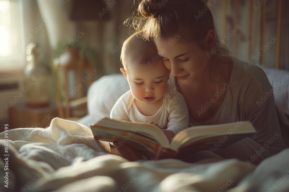Young mother reading a book to her cute baby on the bed, Young Mother Creates Precious Bedtime Moments Reading to Her Baby, Mother and Baby Bond Over Bedtime Stories on the Cozy Bed Young mother reading a book to her cute baby on the bed, Young Mother Creates Precious Bedtime Moments Reading to Her Baby, Mother and Baby Bond Over Bedtime Stories on the Cozy Bed