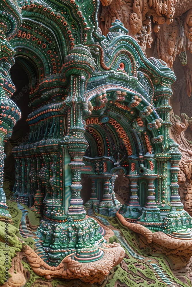 Fototapeta premium surreal visionary fantasy landscape, hyperreal futuristic imaginative world, ethereal multidimensional surreal scenery