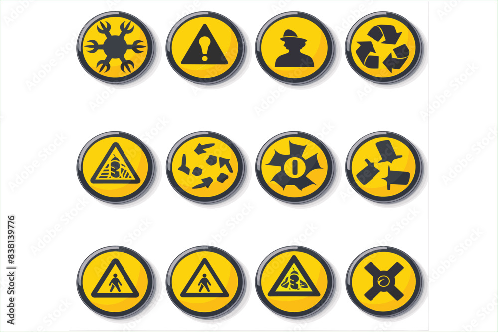 Obraz premium Set of Warning Hazard Signs circle yellow sign, vector icon isolated on white background. Danger warning set circle and triangle yellow sign. Danger warning signs, threat icons. 