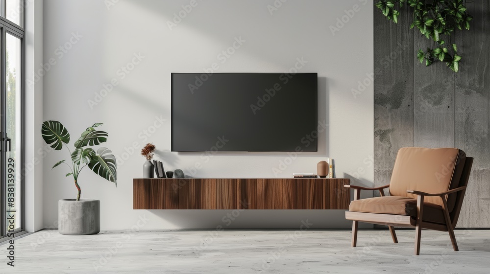 Living room with TV cabinet on the white plaster wall and armchair, minimalist design.