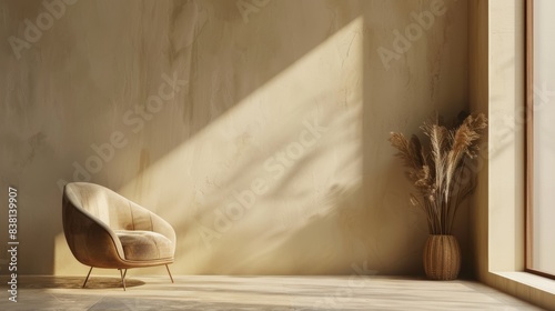 An interior wall mockup in warm tones with an armchair and minimal design.