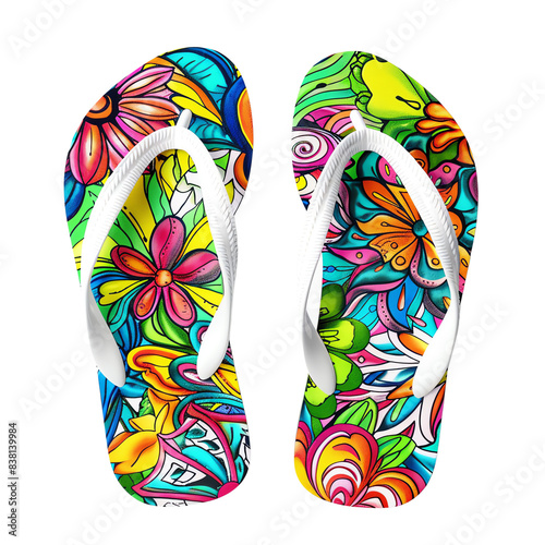 Colorful floral flip-flops with vibrant patterns, perfect for summer beachwear and casual outings. Unique and stylish design.