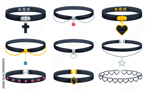 Chokers. Stylish jewelry choker, woman collar leather bracelet for girl neck monile accessories with gold pendant or chain, decor necklace