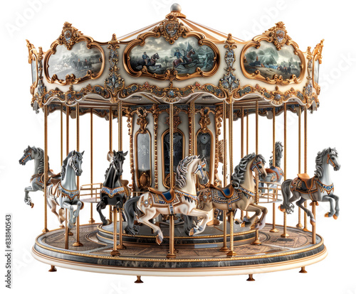 Vintage carousel with ornate horses on white