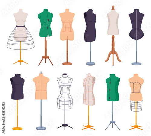 Cartoon tailor mannequins. Mannequin dummy fashion designer or tailors garment sewing studio, women men torso model seamstress atelier hanger clothes, ingenious vector illustration