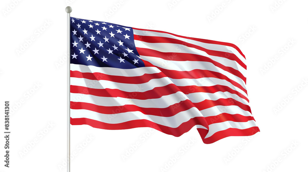 Fototapeta premium The American flag waves proudly on a flagpole symbolizing freedom and patriotism with its iconic red, white, and blue design.PNG, transparent background