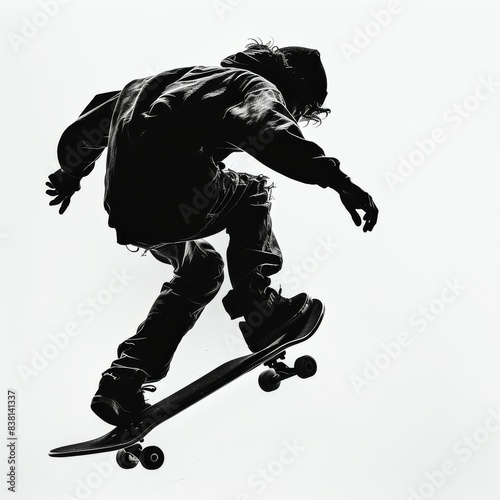 Black and white photo of a skateboarder jumping in the air