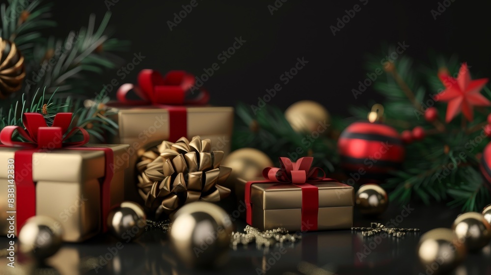 The Christmas decorations with gift box are rendered in 3D on a black background. The Christmas decorations with gift box are rendered in 3D on a black background.