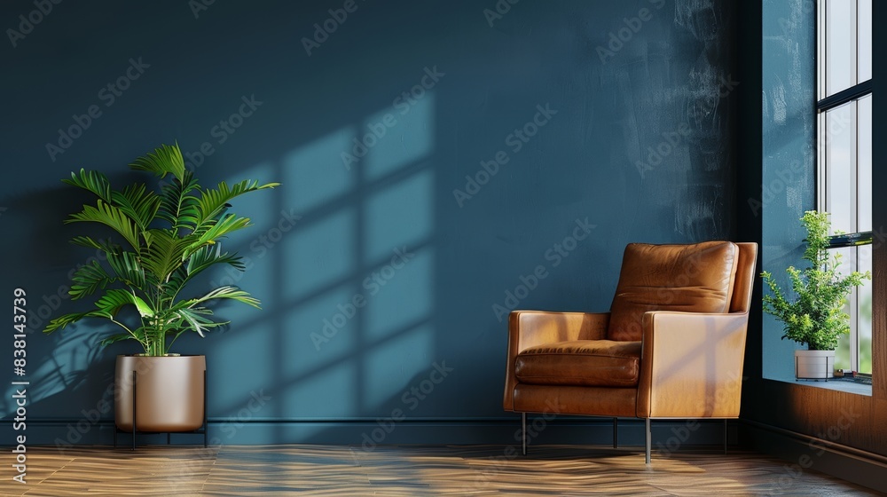 With leather armchairs and decorations on a dark blue wall background, this modern living room interior is cozy and relaxing. With leather armchairs and decorations on a dark blue wall background, this modern living room interior is cozy and relaxing.