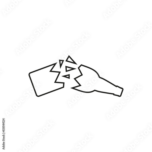 Broken beer glass bottle with glass shards and fragments. Isolated vector illustration in line and outline style.