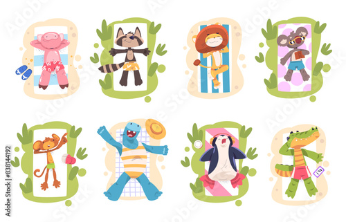 Animals sunbath. Funny animal in swimsuit sunbathers on blanket sun summer beach, fun resting relax vacation sunbathing cartoon cute kid characters set, classy vector illustration