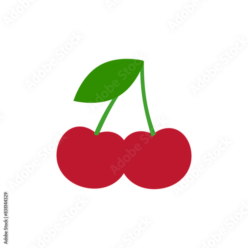 Two cherry together. A pair of large cherries with a leaf. Vector illustration on white background. 
