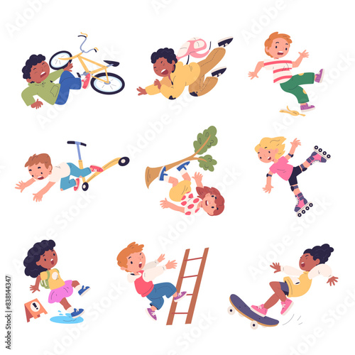 Falling kids. Cartoon children fall down accident, moving slip school students stumble on wet floor, fell child characters walk caution injury danger, classy vector illustration