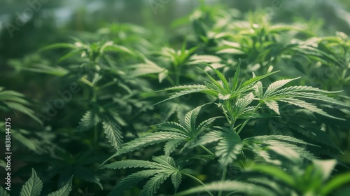 Close-up of green cannabis plants with lush leaves growing in a well-lit indoor garden